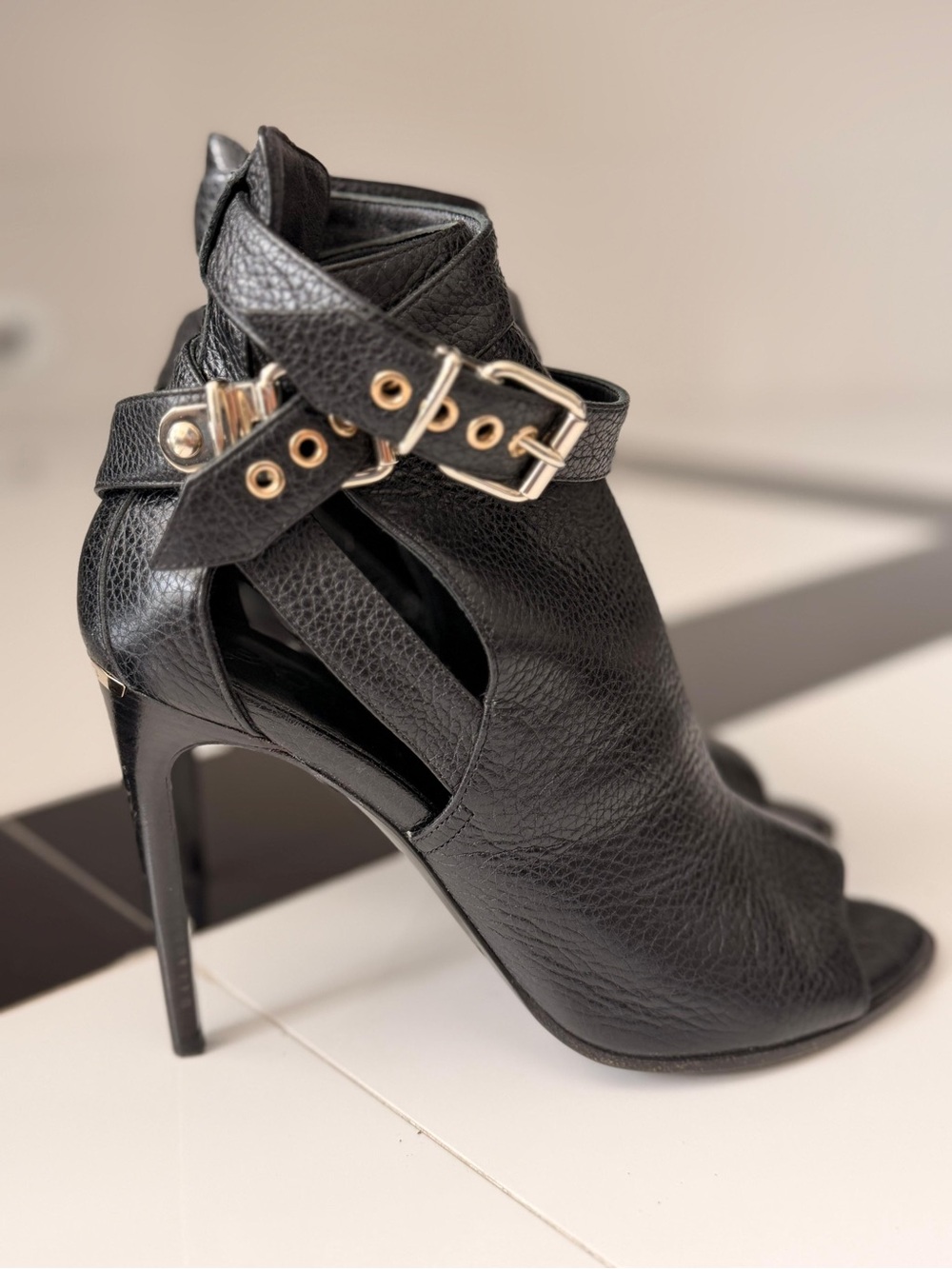 Black Leather Peep-Toe Ankle Booties with Buckle